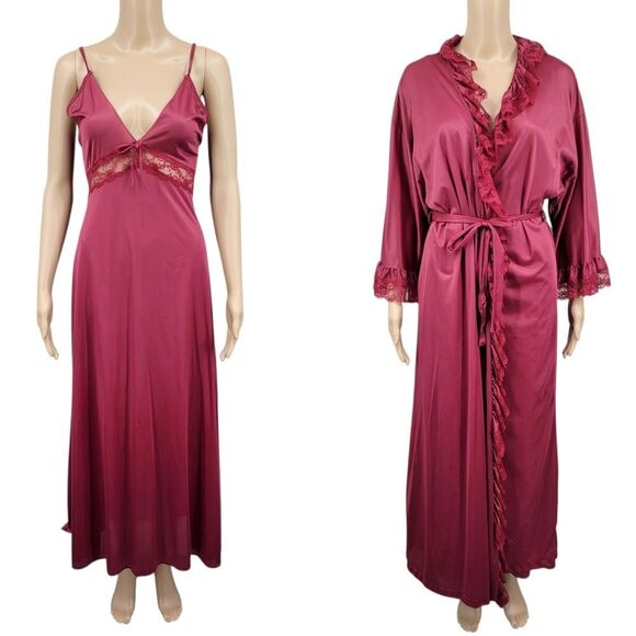 Movie Star Vintage Nylon Burgundy Satin Slip Dress Nightgown Robe Set SEE NOTES - Picture 1 of 16